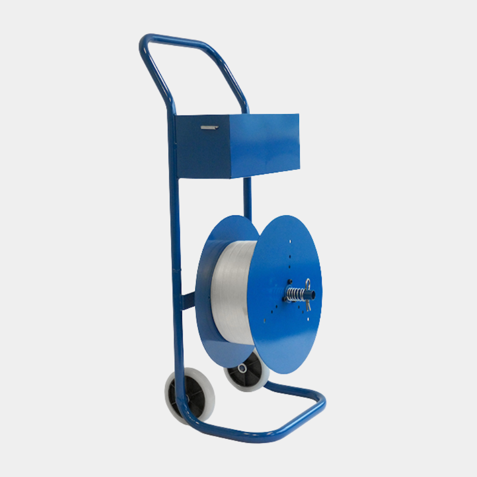 Abrollwagen fahrbar für Textilband – Umreifungsband Abroller für 76/ 150/ 200 mm Kern mit Ablagekasten